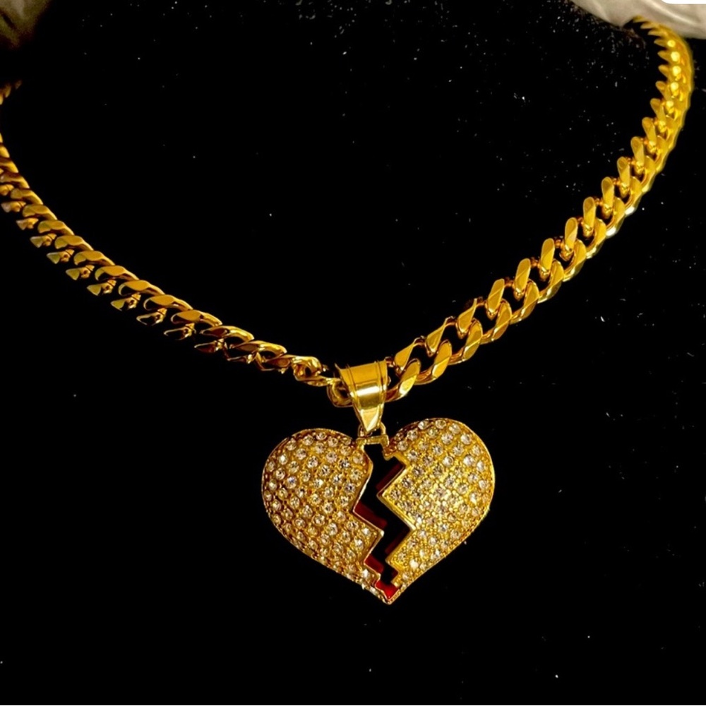 FASHION JEWELRY HIP HOP BROKEN HEART PENDANT STAINLESS STEEL GOLD CUBAN NECKLACE